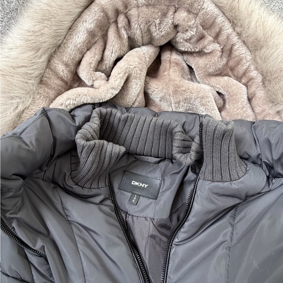 DKNY Charcoal Puffer Jacket with Faux Fur Trim - Picture 2 of 4